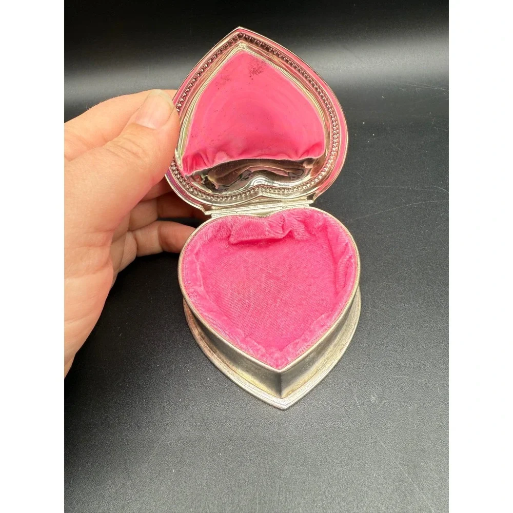 Vintage Silver‎ Heart Trinket Box with Pink Velvet Lining and Beaded Trim